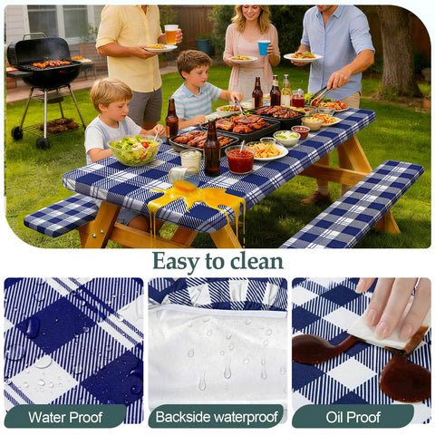 Waterproof Windproof Picnic Table and Bench Cover Set for 6-Foot Rectangular Tables, 72x30 Tablecloth, Blue Checkered