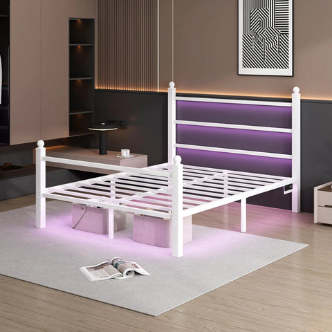 Sleek White Full Size Bed Frame With Built In Led Accents And Dual Usb Ports, Hella Solid Steel Slat Base For Zero Grind Noise, Tall Headboard For Lazy Reading Vibes, Roomy Under Bed Storage, Truly No Box Spring Needed, Quick Easy Setup in stylish modern room.