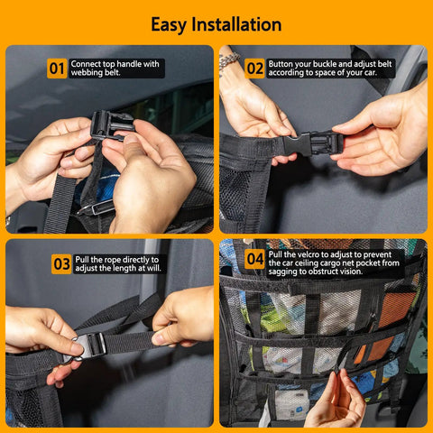 Step-by-step installation of Overhead Vehicle Cargo Net With Three Pockets 31.5 X 21.6 Inch Roof Storage Mesh Organizer for cars.