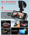 4K Front And Rear Dash Cam With Crystal Clear Starvis 2 Sensor 170 Degree Front And 140 Degree Rear 5GHz WiFi 128GB Card Included Voice Control 3.18 Inch Touch Screen GPS Loop Recording Parking Mode Easy Setup displayed with GPS features and accessories.