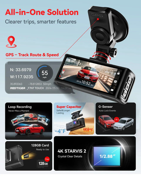 4K Front And Rear Dash Cam With Crystal Clear Starvis 2 Sensor 170 Degree Front And 140 Degree Rear 5GHz WiFi 128GB Card Included Voice Control 3.18 Inch Touch Screen GPS Loop Recording Parking Mode Easy Setup displayed with GPS features and accessories.