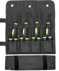 12 Piece Automotive Hook And Pick Tool Set with green handles in black fabric roll for precision engine maintenance