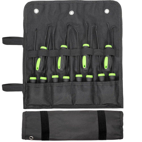 12 Piece Automotive Hook And Pick Tool Set with green handles in black fabric roll for precision engine maintenance