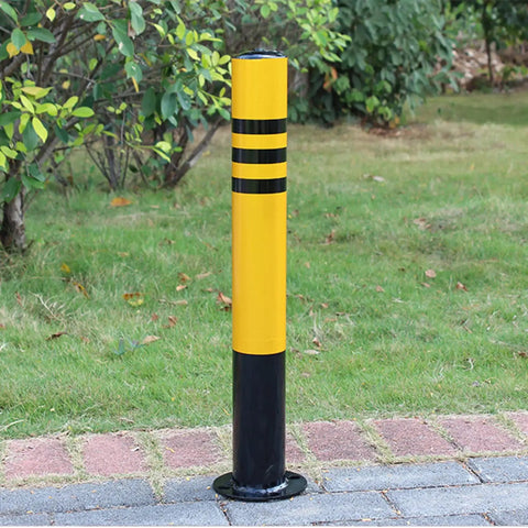 High Visibility 75cm Safety Cones 4 Pack With Delineator Posts For Parking Lots And Industrial Traffic Control Floor Mounted Driveway Barrier Tough Durable Steel Bollard Poles Quick Setup For Safe Guidance, yellow steel bollard with black stripes