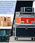 Image of various toolboxes and storage crates, showcasing Heavy Duty Spring Loaded Butterfly Twist Latch With Keeper, Built Tough Steel Chrome Silver Finish, 3.54 X 2.6 Inch, 4 Pack Toggle Draw Latches For Toolboxes, Gear Cases And No Hassle Storage Crates.