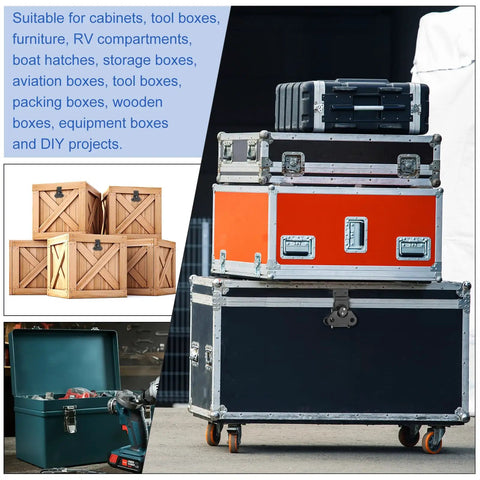 Image of various toolboxes and storage crates, showcasing Heavy Duty Spring Loaded Butterfly Twist Latch With Keeper, Built Tough Steel Chrome Silver Finish, 3.54 X 2.6 Inch, 4 Pack Toggle Draw Latches For Toolboxes, Gear Cases And No Hassle Storage Crates.