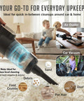 Portable Cordless Car Vacuum Tiny But Mighty 4 In 1 Mini Handheld With 19500 Pa Suction shown in use for home and car cleaning