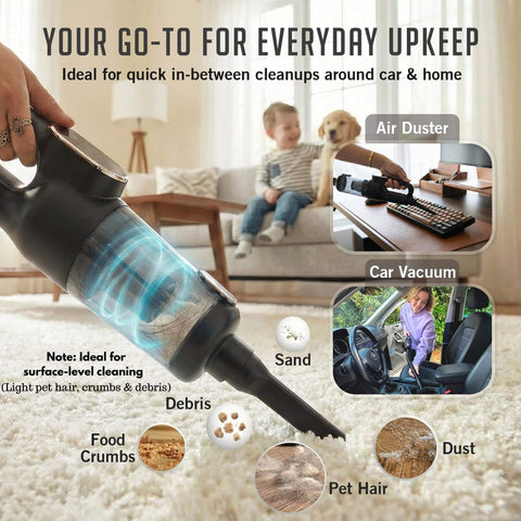 Portable Cordless Car Vacuum Tiny But Mighty 4 In 1 Mini Handheld With 19500 Pa Suction shown in use for home and car cleaning