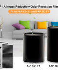 F1 Odor and Allergen Reduction Filter for Filtrete C01 and T02 Air Purifiers, shown with purifier models and packaging, 2 Pack