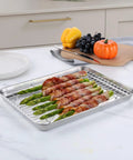 Stainless Steel Quarter Sheet Pan With Rack 9x13 Inch, bacon-wrapped asparagus on rack for cooking, rust resistant