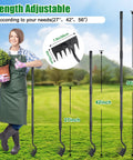 Long Handle 56 Inch Six Tine Weeding Hoe And Weed Puller Tool For Lawn Garden Yard Patio And Backyard No Sweat Labor Saving Rake, adjustable lengths shown with gardener and potted plant.