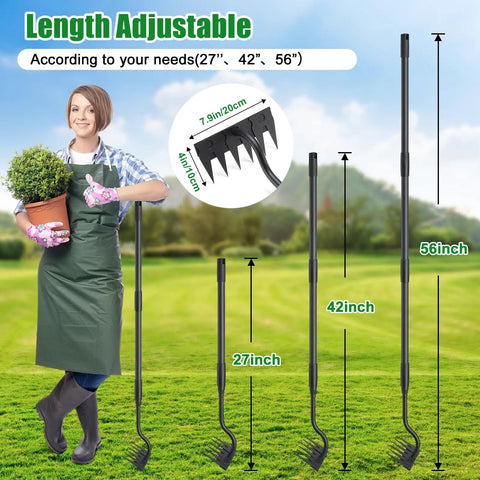 Long Handle 56 Inch Six Tine Weeding Hoe And Weed Puller Tool For Lawn Garden Yard Patio And Backyard No Sweat Labor Saving Rake, adjustable lengths shown with gardener and potted plant.