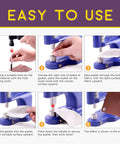 Instructional guide showing steps to use Heavy Duty Hand Press Eyelet Grommet Machine Kit with Dies for fabric projects.