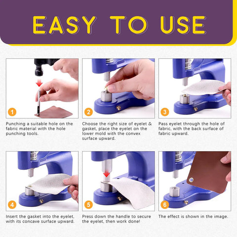 Instructional guide showing steps to use Heavy Duty Hand Press Eyelet Grommet Machine Kit with Dies for fabric projects.