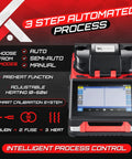 Front view of Pro Grade Fiber Optic Fusion Splicer With Core And Cladding Alignment 6 Second Splice And 16 Second Heat Integrated VFL And OPM Touchscreen Controller All In One Splice Kit Included showcasing 3-step automated process