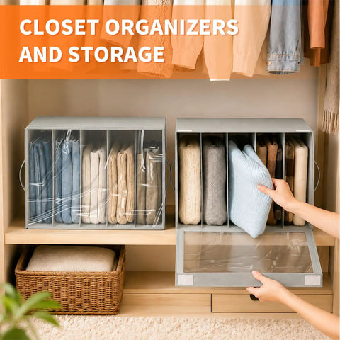 Four Pack Gray Closet Organizers And Storage Bins Heavy Duty Fabric Wardrobe Dividers with folded sweaters and pants.