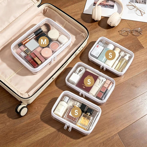 Hella Organized Travel Toiletry Bag Set Includes Four Clear Hard Shell Zipper Pouches For Cosmetic Makeup Organizer And Diaper Bag Portable Packing Essentials inside suitcase with makeup and toiletries