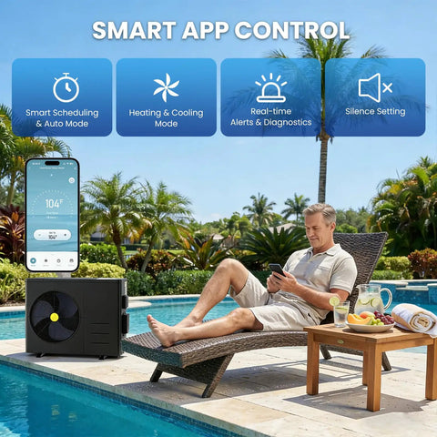 Man relaxing by pool using Premium 83000 Btu Electric Pool Heater For Above Ground And Inground Pools With Advanced Evi Compressor.