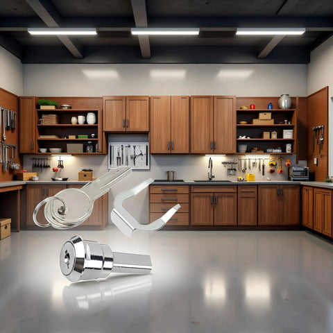 Sturdy Stainless Toolbox Lock And Cabinet Drawer Lock Set With 180 Degree Rotation Unlocking Built Tough Universal Design 1 Cylinder 1 Fastening Tab And 2 Keys Heavy Duty Iron Hardware For Secure Toolboxes And Cabinets in workshop.