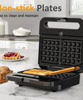 Super Awesome 3-In-1 Electric Sandwich Maker With Removable Nonstick Plates, 1000 Watts For Waffles Paninis And Eggs, Quick Easy Cooking In Sleek Black Finish showing nonstick plates with waffles.