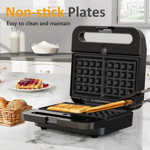 Super Awesome 3-In-1 Electric Sandwich Maker With Removable Nonstick Plates, 1000 Watts For Waffles Paninis And Eggs, Quick Easy Cooking In Sleek Black Finish showing nonstick plates with waffles.