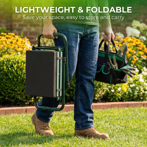 Person carrying Foldable Garden Kneeler Seat Bench With Cross Body Tool Bag And Removable Pouch in a garden setting.