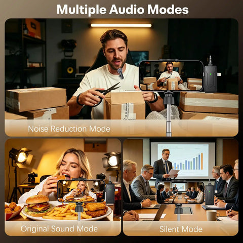 Collage showing Wireless Mini Lavalier Lapel Microphone For iPhone And Android in different audio modes: noise reduction, original sound, silent.