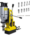 Professional Heavy Duty Magnetic Drill Press With 13 Piece Tungsten Carbide Annular Cutter Kit, side view of drill with bits.