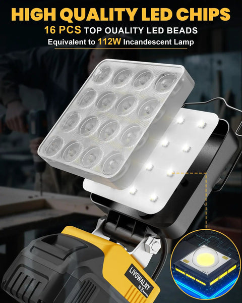 Beast Cordless LED Work Light With 112W 11200LM Output showing LED chips and pivoting head.
