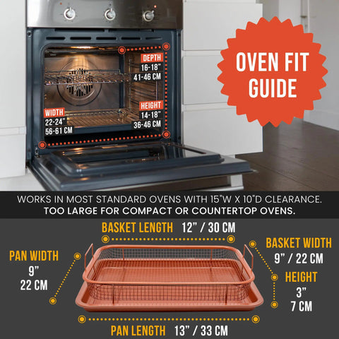 Copper Air Fryer Tray Set For Oven And Toaster Oven dimensions guide with basket and pan measurements