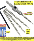 Eleven Sixty Fourth Inch Tungsten Carbide Tipped Countersink Drill Bit For Wood With Wide Flute For Easy Chip Flow Workhorse Tapered Bit And One Quarter Inch Hex Shank Quick Change with hex key and replacement bits.