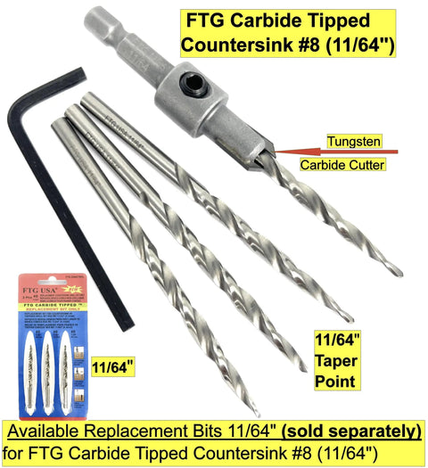Eleven Sixty Fourth Inch Tungsten Carbide Tipped Countersink Drill Bit For Wood With Wide Flute For Easy Chip Flow Workhorse Tapered Bit And One Quarter Inch Hex Shank Quick Change with hex key and replacement bits.