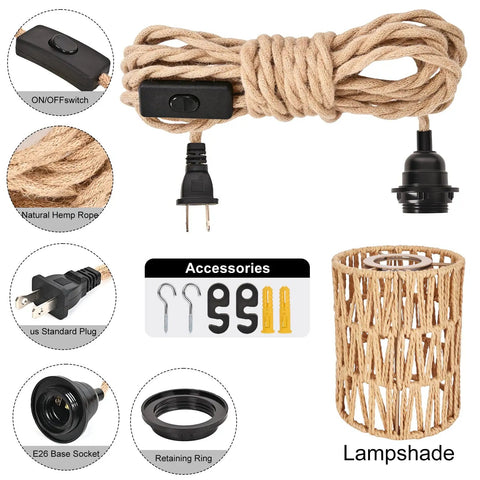 Boho Cylinder Pendant Light Featuring Plug In Flex And Sturdy 15Ft Hemp Rope Plus Handwoven Rattan Shade With Easy Flip Switch For Your Dope Bedroom Lighting Setup showing plug, switch, and rattan shade accessories.