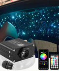 Starlight Headliner Kit For Cars With 300 Fiber Optic Strands, Compact 9.8 Ft Length, 0.03 In Fibers, Twinkle Lights, sound activated, app and RF remote control, waterproof PMMA star roof lights installed in car interior with control devices.
