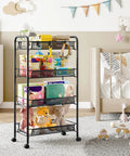 Four Tier Metal Utility Cart On Wheels With Mesh Wire Shelves used for organizing toys in a nursery room