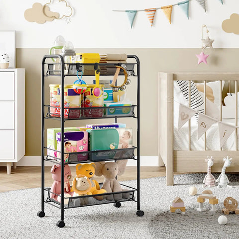 Four Tier Metal Utility Cart On Wheels With Mesh Wire Shelves used for organizing toys in a nursery room