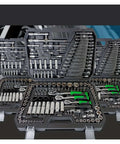 Quick Swap Fast Ratchet Wrench Socket Set With Rugged Steel Toolbox And Assorted Sizes shown in a detailed 150 piece arrangement.