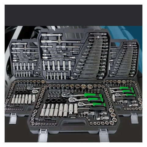 Quick Swap Fast Ratchet Wrench Socket Set With Rugged Steel Toolbox And Assorted Sizes shown in a detailed 150 piece arrangement.