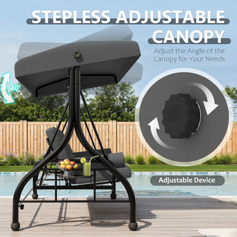 Adjustable canopy detail on Three Seat Patio Swing With Adjustable Canopy And Stand, Heavy Duty Outdoor Porch Swing, Grey