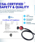 Certificate of compliance and four foot 0 to 30 psi adjustable propane regulator with QCC1 Type1 and three eighths inch flare hose