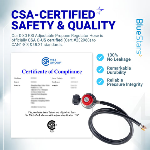 Certificate of compliance and four foot 0 to 30 psi adjustable propane regulator with QCC1 Type1 and three eighths inch flare hose