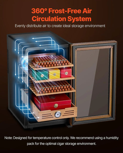 Open view of Electric Humidor For Home Use 48L Cigar Cabinet With Cooling Temperature Control, showing cedar shelves and cigars