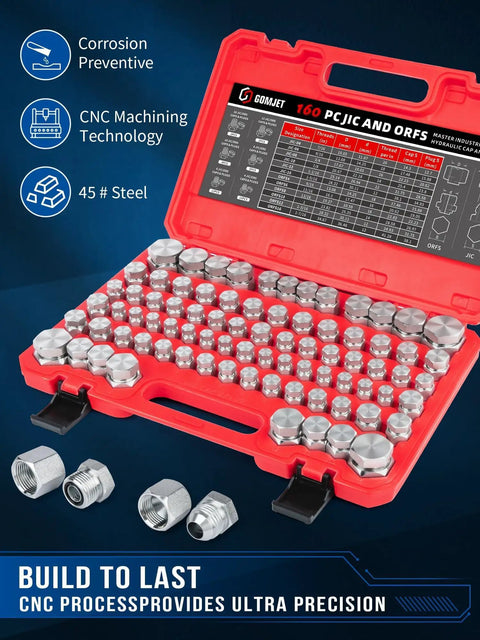 Pro Grade Hydraulic Cap And Plug Kit For JIC And ORFS Fittings 160 Piece Master Set with Precision ORFS 37 Degree Threading