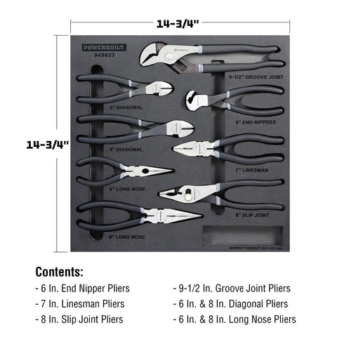 Pro Grade 8 Piece Master Pliers Set with organizer tray, featuring groove joint, diagonal, linesman, and long nose pliers in CrMo steel.