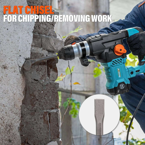 Side view of Amazon Berserker SDS-Plus rotary hammer drill with flat chisel bit chipping concrete