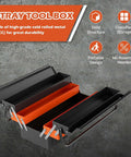22-Inch Cantilever Tool Box With 5 Trays And 3 Layers open showing black and orange powder coated steel trays