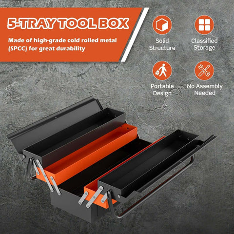 22-Inch Cantilever Tool Box With 5 Trays And 3 Layers open showing black and orange powder coated steel trays