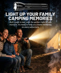 Family camping with ML300L 3-Cell D LED Flashlight With Adjustable Focus Beam, High And Low Modes, Red, showing beam light.