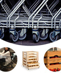 Set Of Four 1-1/2 Inch Low Profile Swivel Casters With Locking Brakes Quiet TPR Rubber Wheels for furniture, shown on various carts and boxes.