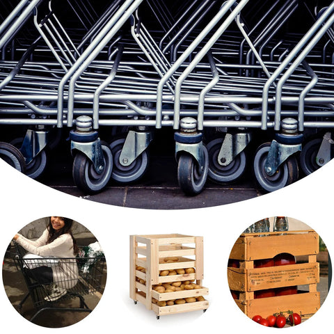 Set Of Four 1-1/2 Inch Low Profile Swivel Casters With Locking Brakes Quiet TPR Rubber Wheels for furniture, shown on various carts and boxes.